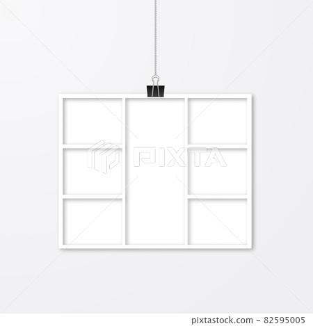 Paper photo frame hanging with binder clips. Template collage vector illustration isolated. Paper cut effect. Mock up for photographers. Photo album page. Paper photo frame hanging with binder clips. Template collage vector illustration isolated. Paper cut effect. Mock up for photographers. Photo album page. 82595005