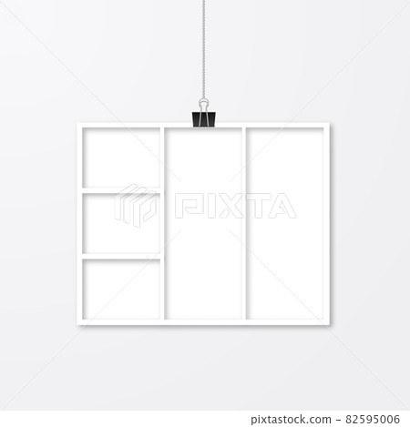 Collage vector illustration isolated on white. Paper photo frame hanging with binder clips. Wedding album page layout template. Advertising poster. Free space for your picture or design. Collage vector illustration isolated on white. Paper photo frame hanging with binder clips. Wedding album page layout template. Advertising poster. Free space for your picture or design. 82595006