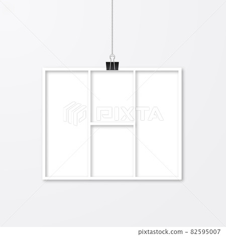 Photo frame hanging with binder clips isolated on white. Paper cut effect. Template collage vector illustration. Wedding album page. Mockup for photographers. Photo frame hanging with binder clips isolated on white. Paper cut effect. Template collage vector illustration. Wedding album page. Mockup for photographers. 82595007