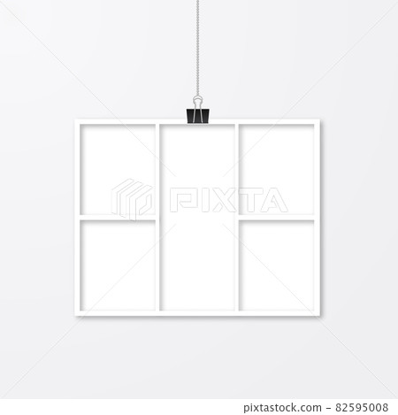 Realistic vector frame hanging with binder clips. White paper frame. Collage layout template. Mock up for photographers. Realistic vector frame hanging with binder clips. White paper frame. Collage layout template. Mock up for photographers. 82595008