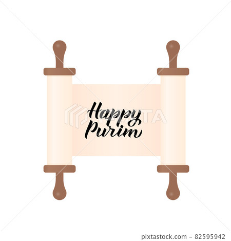 Happy Purim calligraphy hand lettering on ancient scroll paper. Traditional Jewish carnival celebration poster. Easy to edit vector template for party invitation, greeting card, banner, flyer. 82595942