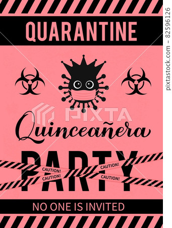 Quarantine Quinceanera party banner. Calligraphy lettering with cute virus wearing mask. Spanish or Latin American girl 15th birthday. Vector template for invitation, poster, greeting card, etc Quarantine Quinceanera party banner. Calligraphy lettering with cute virus wearing mask. Spanish or Latin American girl 15th birthday. Vector template for invitation, poster, greeting card, etc 82596126