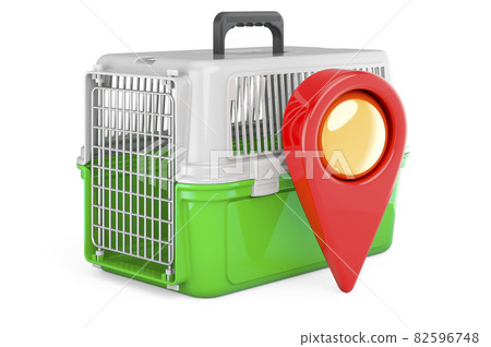Pet travel plastic cage with map pointer. 3D rendering Pet travel plastic cage with map pointer. 3D rendering 82596748