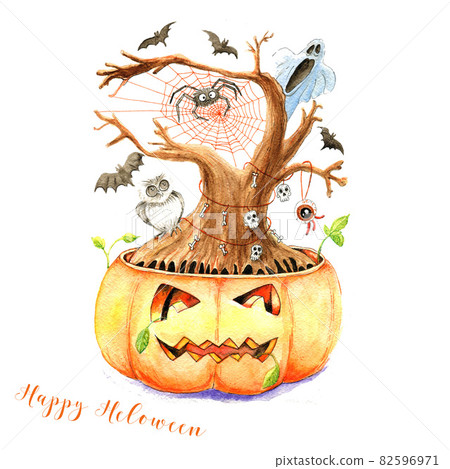 Watercolor halloween card - horror tree growing from pumpkin. 82596971