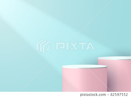 3D pink and white cylinder pedestal in soft blue empty room with light and shadow background 82597552