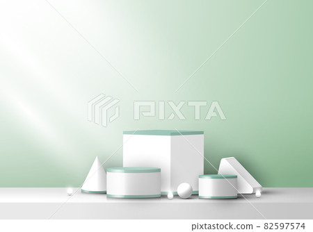 Set of 3D geometric object display white and green on green background with neon lighting 82597574