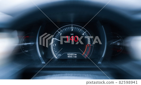 Speed car. Speedometer, tachometer on vehicle dashboard panel. Fast car interior. 82598941