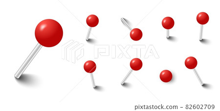 Red push pins. Pinned office thumbtack. Vector pushpin attach collection 82602709