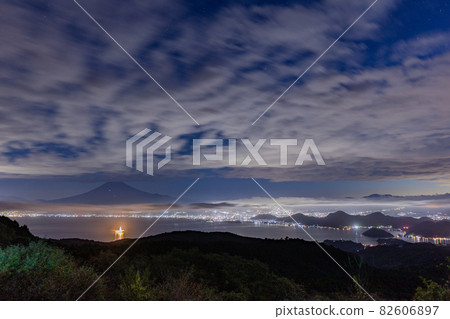 (Shizuoka Prefecture) Mt. Fuji, a deep-sea exploration vessel floating in Suruga Bay at midnight 82606897