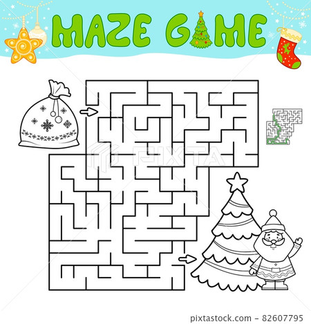 Christmas Maze puzzle game for children. Outline maze or labyrinth game with christmas bag. 82607795
