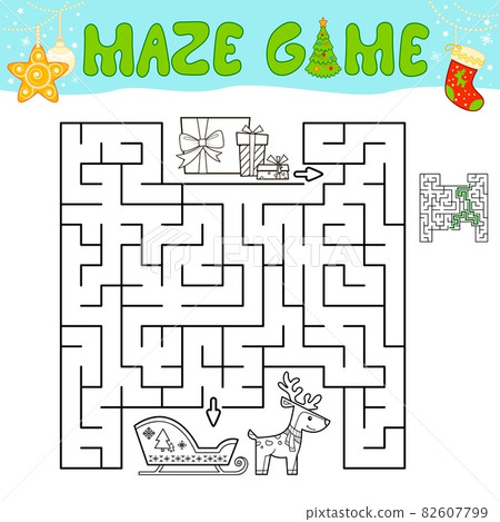 Christmas Maze puzzle game for children. Outline maze or labyrinth game with christmas sleigh. 82607799