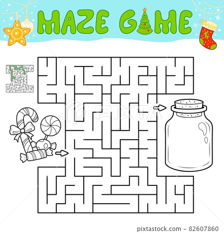 Christmas Maze puzzle game for children. Outline maze or labyrinth game with christmas Candy. Christmas Maze puzzle game for children. Outline maze or labyrinth game with christmas Candy. 82607860