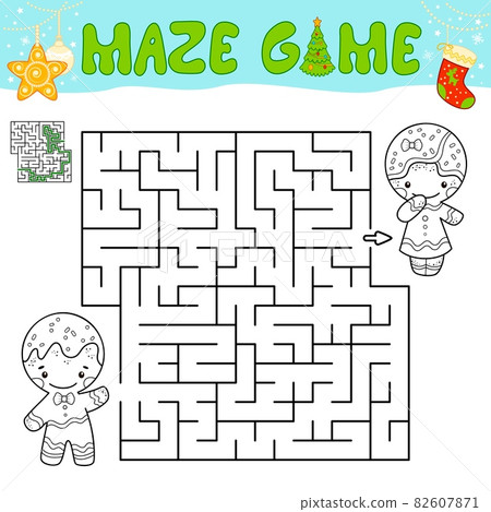 Christmas Maze puzzle game for children. Outline maze or labyrinth game with christmas Gingerbread man. Christmas Maze puzzle game for children. Outline maze or labyrinth game with christmas Gingerbread man. 82607871