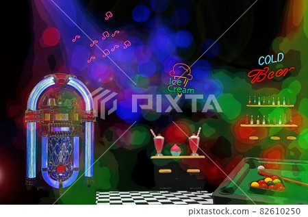 Pool Table With Disco Ball and Neon Signs 82610250