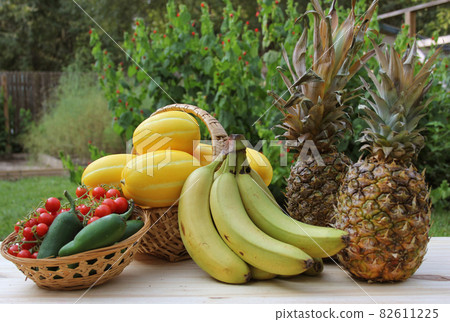 Summer Vegetable Harvest - Ginkaku Korean Melons with Pineapple, Bananas, Jalapeno Peppers and Tomato 82611225