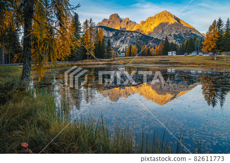 Admirable autumn sunrise landscape with Antorno lake in Dolomites, Italy 82611773