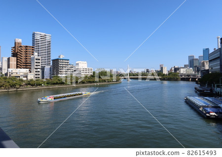 River scenery in Japan: A distant view of the river and Kawasaki Bridge flowing through Osaka city 82615493