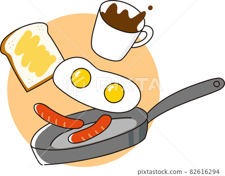 Fried egg, sausage, toast and coffee breakfast Illustration of the image of having fun cooking in a frying pan Fried egg, sausage, toast and coffee breakfast Illustration of the image of having fun cooking in a frying pan 82616294