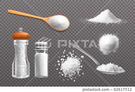 Realistic salt. Grains powder and piles of edible sea mineral crystals. 3D food seasoning in bottle and spoon. Culinary spice mockup. Vector condiments set on transparent background 82617512