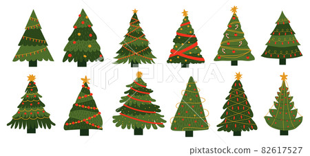 New Year tree. Doodle Xmas celebration decorative elements. Christmas fir sketches collection. Colorful templates for holidays greeting cards. Vector green spruces set with garlands 82617527