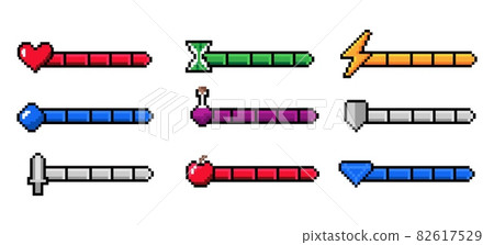 Arcade game progress bar. 8-bit indicators of health and stamina, money or energy. Gaming experience infographic. Weapon measurement. Life level charts. Vector interface pixel elements set 82617529