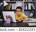 Portrait of asian boy using laptop while studying at home, remote education concept 82622283