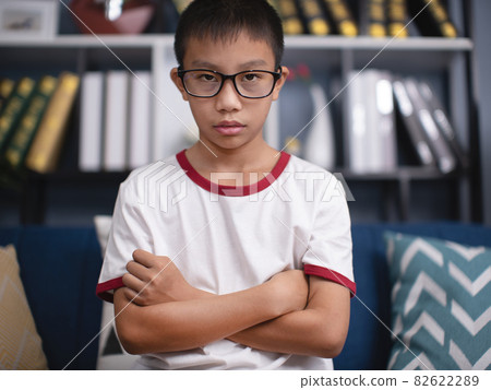 Portrait of asian boy wearing glasses in living room 82622289