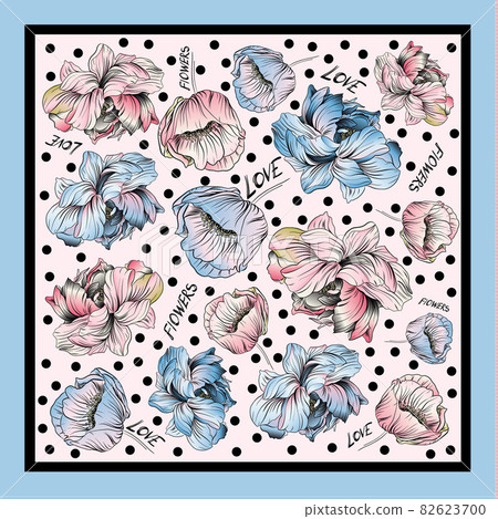 Colorful silk scarf with flowering poppie and peonies. Colorful silk scarf with flowering poppie and peonies. 82623700