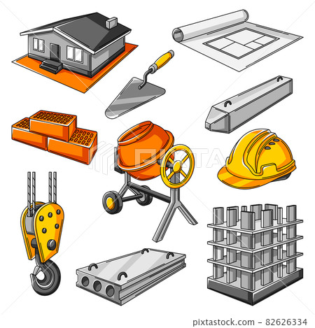 Icon set of housing construction items. Industrial repair or building symbols. 82626334