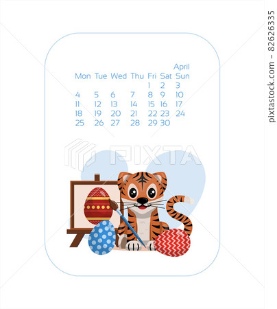 Calendar design template for 2022 year of blue Tiger Chinese new year. april Vector stock flat illustration. Cartoon months for calendar 82626335