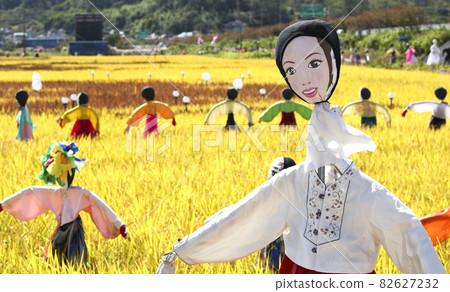 一個稻草人豎立在金色的田野裡 82627232