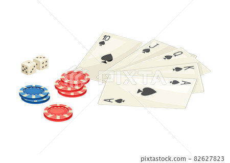Playing cards with poker chips and dices flat vector illustration on white background Playing cards with poker chips and dices flat vector illustration on white background 82627823