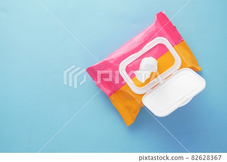 Cleansing wet wipes on table with copy space Cleansing wet wipes on table with copy space 82628367