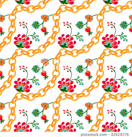 Floral folk pattern with golden chains. Chic small flower pattern design on a white background 82628576