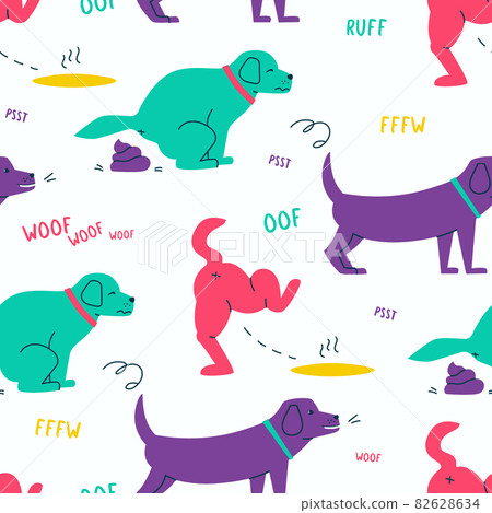 Cute seamless pattern with pooping and pissing dogs. Repetitive elements of the pet being walked. The animal is shitting. Cute seamless pattern with pooping and pissing dogs. Repetitive elements of the pet being walked. The animal is shitting. 82628634