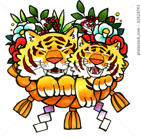 兩隻老虎的手繪新年賀卡材料，透明背景，適合家庭、情侶、情侶、父母和孩子、朋友 82629761