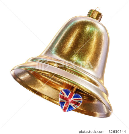 Realistic 3D illustration of the fancy golden textured Christmas bell with the United Kingdom of Great Britain and Northern Ireland national flag bell clapper isolated on white 82630344