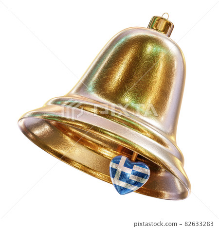 Realistic 3D illustration of the fancy golden textured Christmas bell with Greece national flag bell clapper isolated on white 82633283