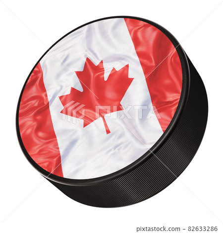Realistic 3D illustration of the national flag of Canada ice hockey puck isolated on white 82633286