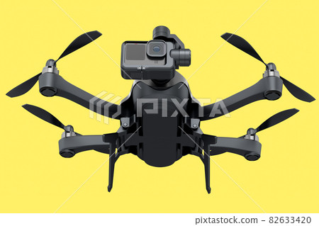 Flying photo and video drone or quad copter with action camera on yellow 82633420