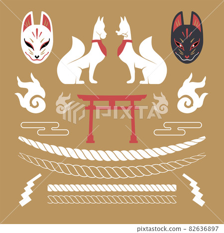 稻荷神社稻荷桑的狐狸、狐狸臉、狐狸火、繩子和紙皮套 82636897