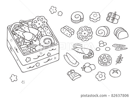 Hand-drawn illustration set of New Year dishes in a heavy box (monochrome line drawing) 82637806
