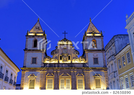 Illuminated facade of an ancient and historic church located in Salvador, Bahia 82638890