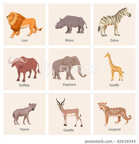 African Savannah Wild Animal Set. Lion, Rhino, Zebra, Buffalo, Giraffe, Flamingo, Leopard, Gazelle, Elephant, Hyena. Flat Vector Illustration. Animals of Africa. Savannh Safari Concept 82639343
