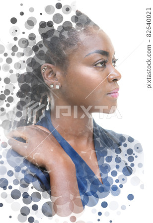 A portrait of a woman combined with translucent circles in a double exposure technique. A portrait of a woman combined with translucent circles in a double exposure technique. 82640021