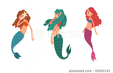 Mermaid or Seamaid with Lush Hair Floating Underwater Vector Set 82643141