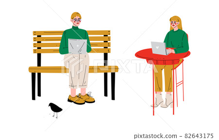 Young Man and Woman Freelancer with Laptop Sitting on Bench in the Park and at Table Working from Home Vector Set 82643175