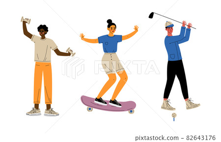 Young Man and Woman Lifting Dumbbell, Skateboarding and Playing Golf Vector Set 82643176