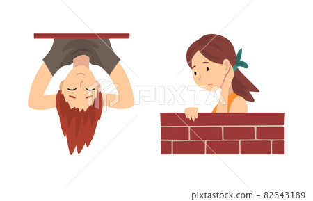 Man and Woman Looking Out From Brick Wall and Hanging Upside Down Vector Set Man and Woman Looking Out From Brick Wall and Hanging Upside Down Vector Set 82643189