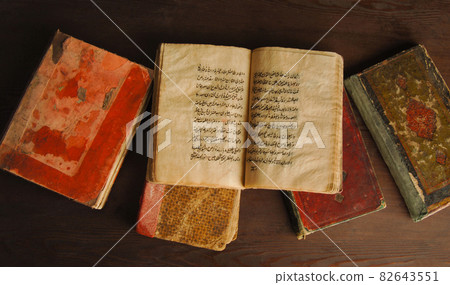 Stack of open ancient books in Arabic. Old Arabic manuscripts and texts. Top view 82643551